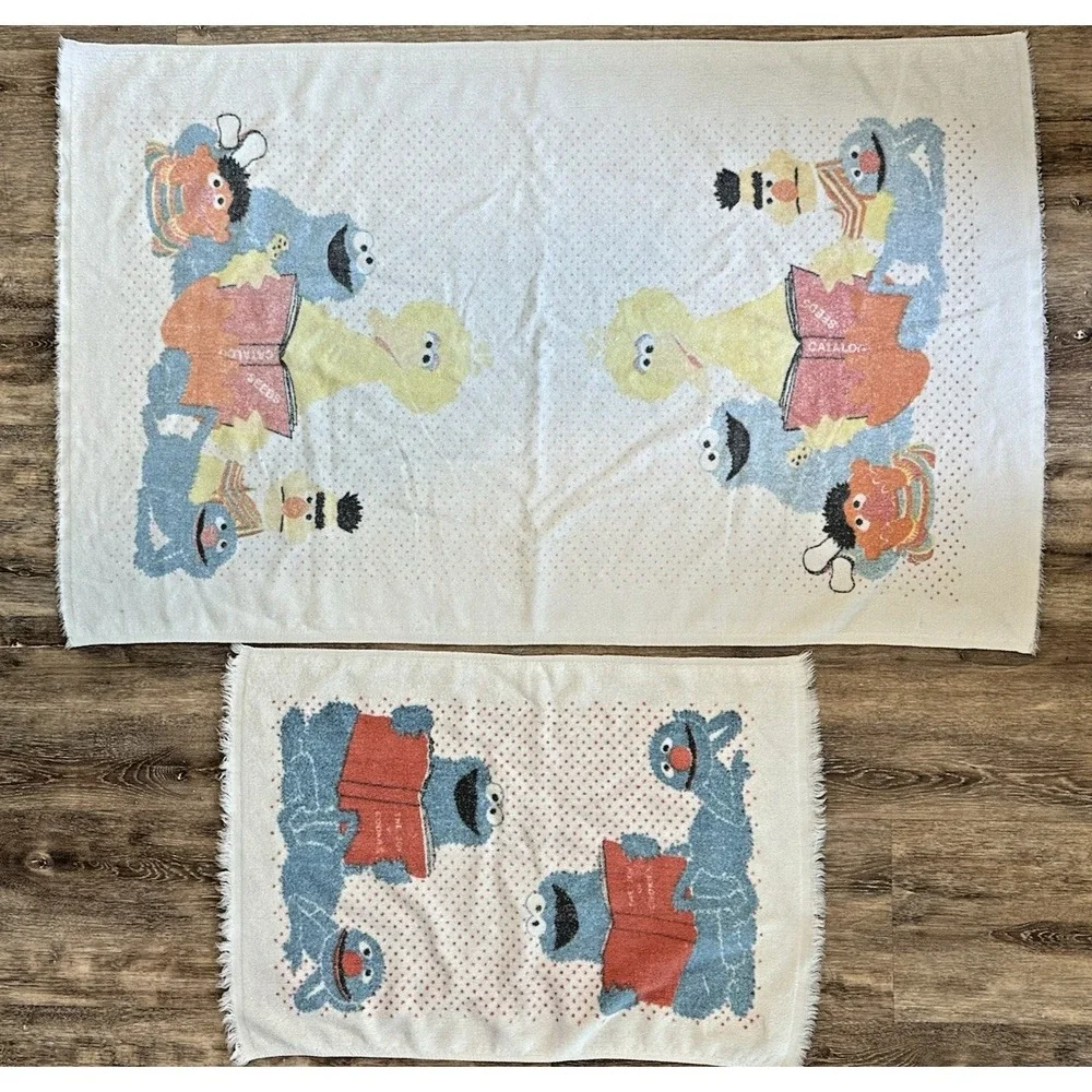 Vtg Muppets Sesame Street Towel Set Cookie Monster Big Bird 1970s
